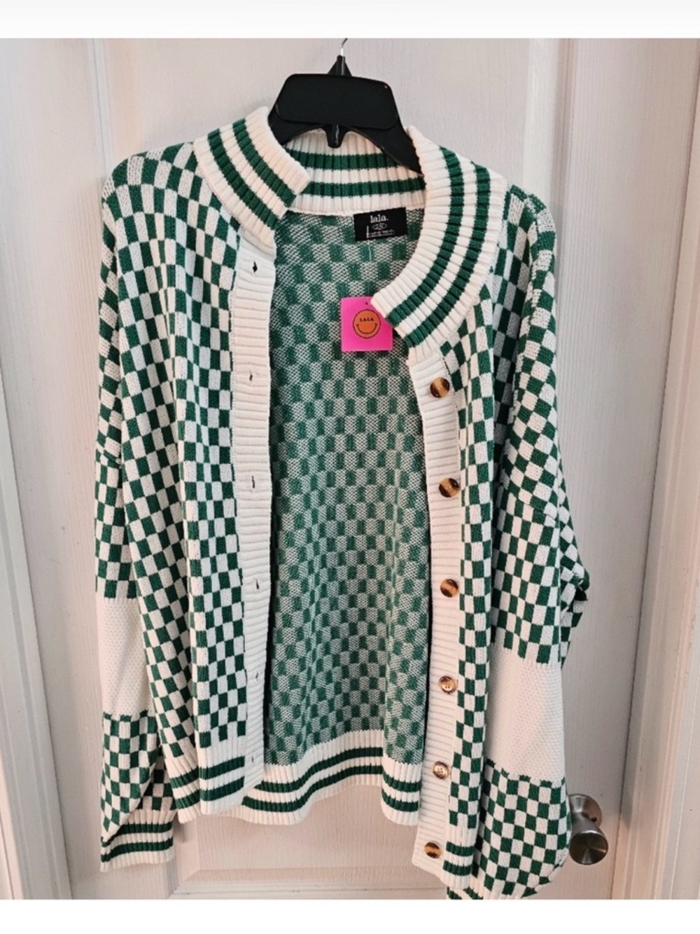 Dressed in LALA Green and White Checker Knit Cardigan - Picture 5 of 7